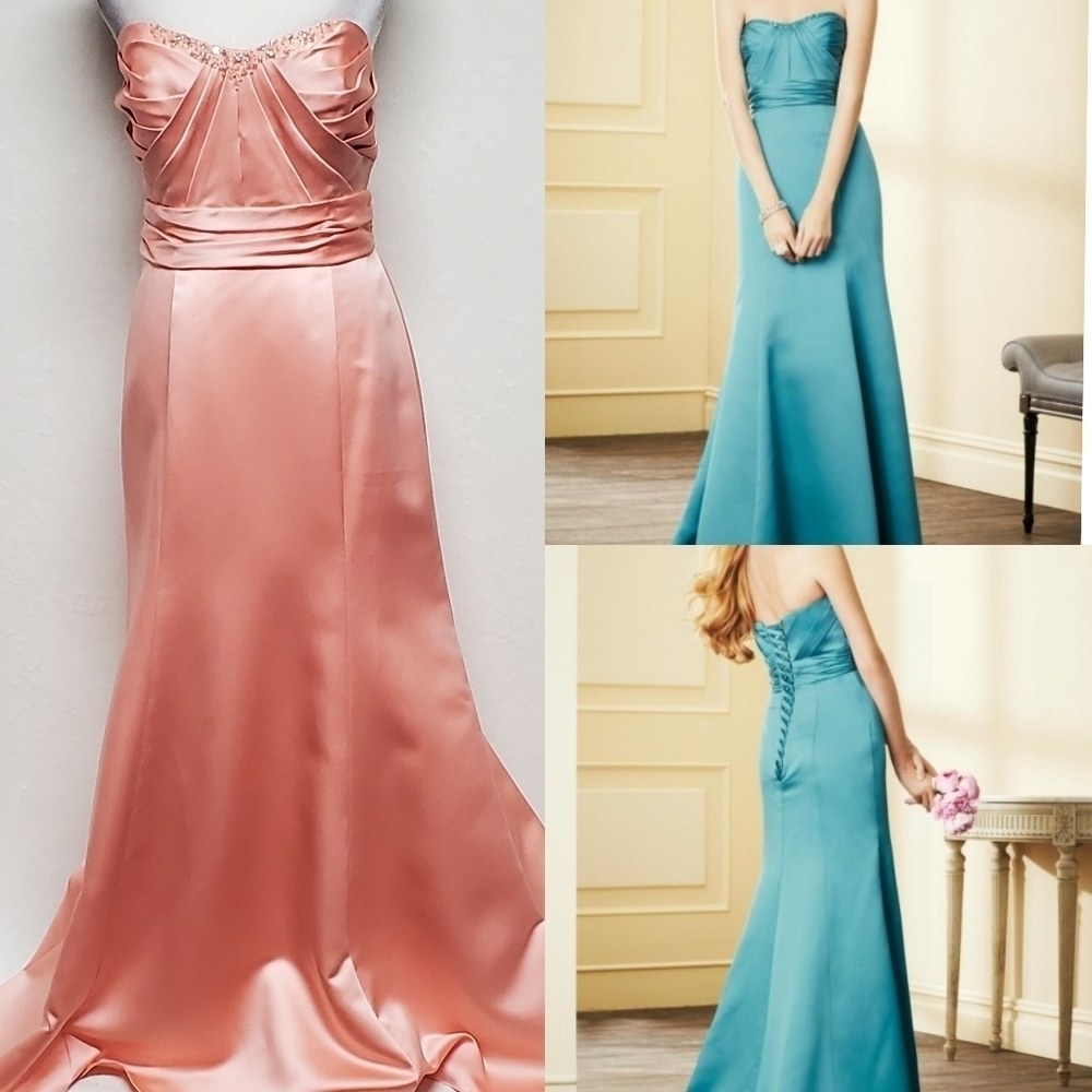 Alfred Angelo Coral Satin Strapless Pleated Bodice Crystal Beaded Maxi Dress 10